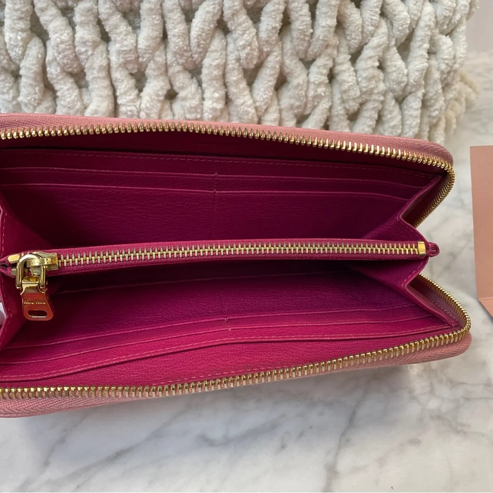 Miu Miu Rose Pink Leather Zip-Around Wallet with Bow